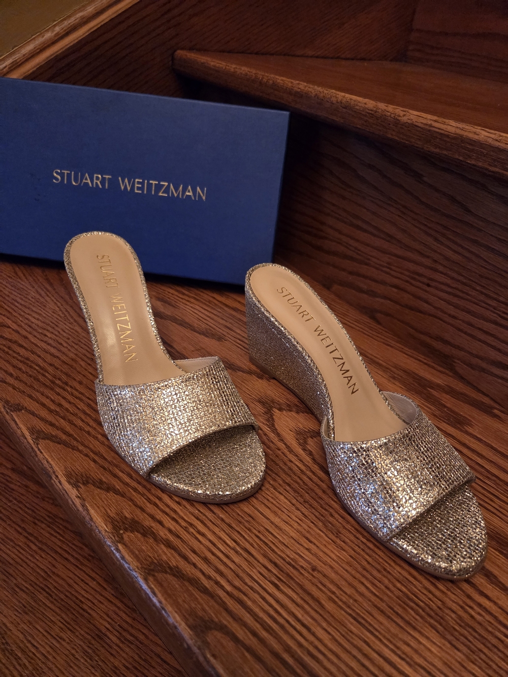 Stuart Weitzman Women's Silver Glitter Wedge Slide Sandals